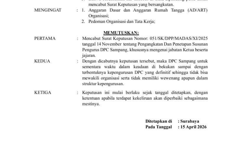 Dpp Madas Sedarah Resmi Mencabut Surat Keputusan (SK) nomor 051 DPC Sampang